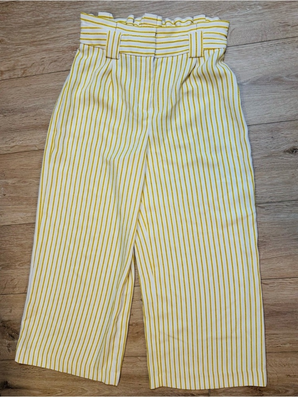Express White and Yellow Striped Paperbag-Waist Wide Leg Pants